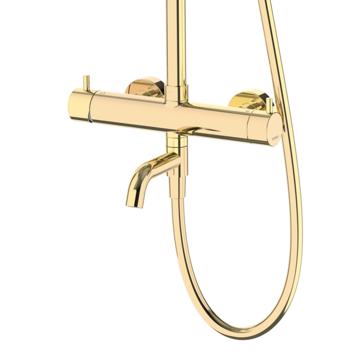 Natryskowa złota kolumna prysznicowa Corsan Lugo okrągła deszczownica z baterią mieszaczową i obrotową wylewką wannową