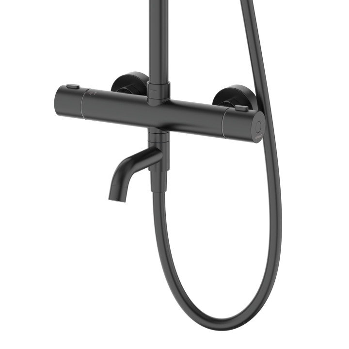 Natryskowa czarna kolumna prysznicowa Corsan Lugo okrągła deszczownica z baterią termostatyczną i obrotową wylewką wannową