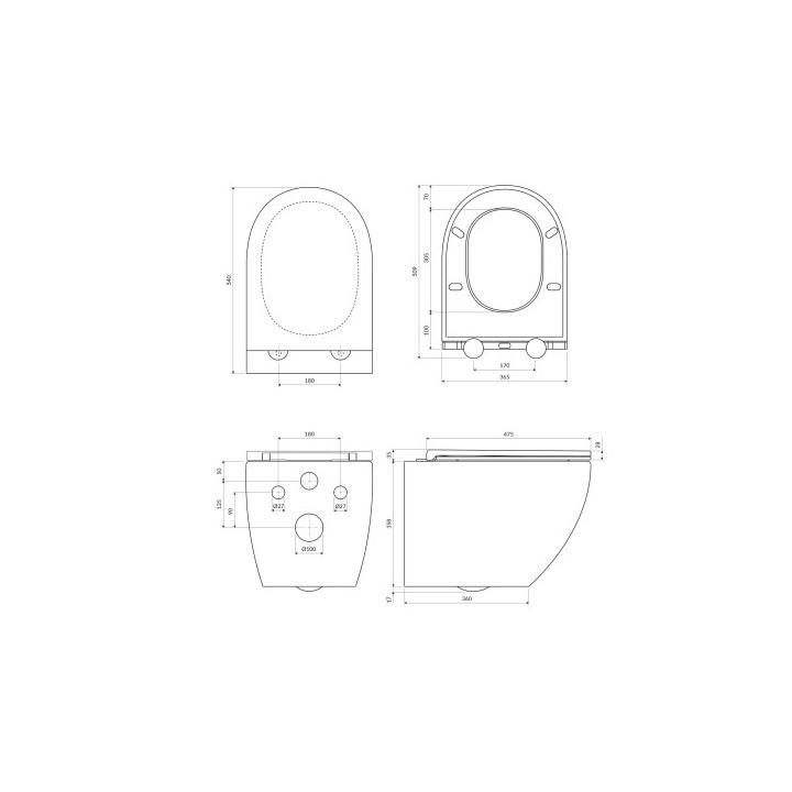 Bezkołnierzowa miska toaletowa wisząca OMNIRES OTTAWA COMFORT z deską wolnoopadającą, 54 x 37 cm - biały połysk