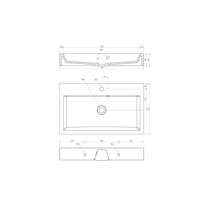 Umywalka nablatowa/wisząca z przelewem OMNIRES THASOS M+ , 70 x 42 cm  - biały połysk