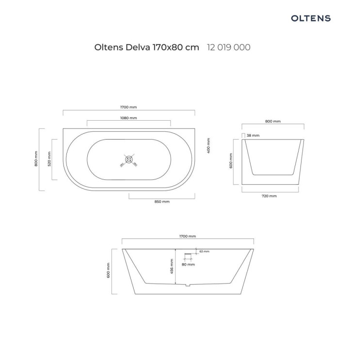 Oltens Delva wanna przyścienna 170x80 cm akrylowa owalna - biała
