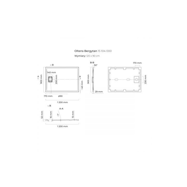 Oltens Bergytan brodzik prostokątny 120x90 cm RockSurface - biały 