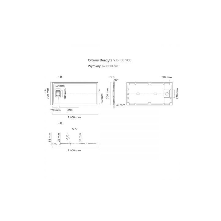 Oltens Bergytan brodzik prostokątny 140x70 cm RockSurface - szary beton