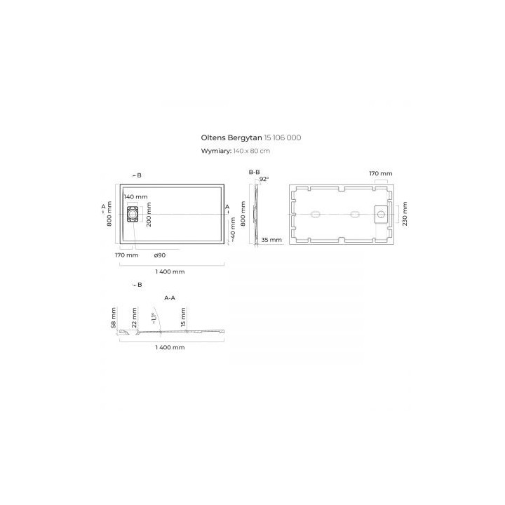Oltens Bergytan brodzik prostokątny 140x80 cm RockSurface - biały