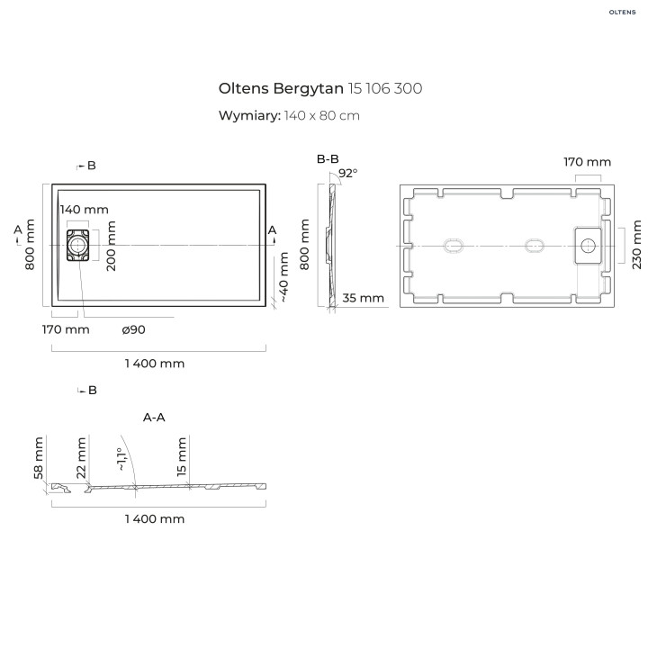 Oltens Bergytan brodzik prostokątny 140x80 cm RockSurface - czarny