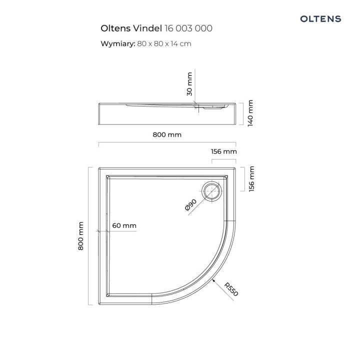 Oltens Vindel brodzik półokrągły 80x80 cm akrylowy - biały 