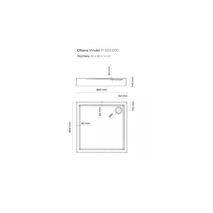 Oltens Vindel brodzik kwadratowy 80x80 cm akrylowy - biały