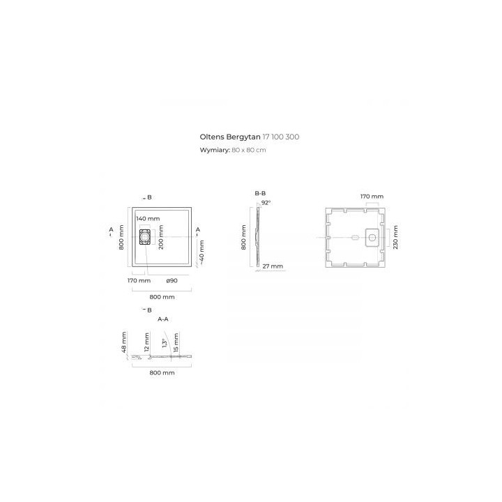 Oltens Bergytan brodzik kwadratowy 80x80 cm RockSurface - czarny