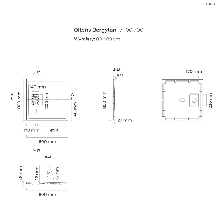 Oltens Bergytan brodzik kwadratowy 80x80 cm RockSurface - szary 