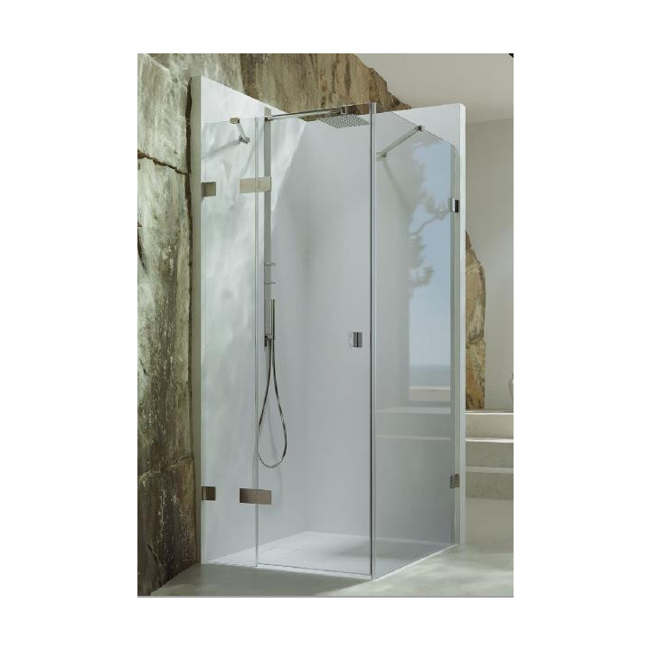 Drzwi skrzydłowe Huppe SolvaPro bezramowa, ze stałym segmentem i ścianką boczną, mocowanie prawe, szkło przejrzyste AntiPlaque, 