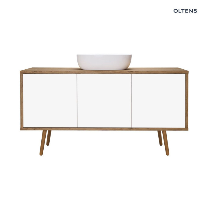 Oltens Hedvig szafka 140 cm podumywalkowa wisząca biały połysk/dąb natural z półką 