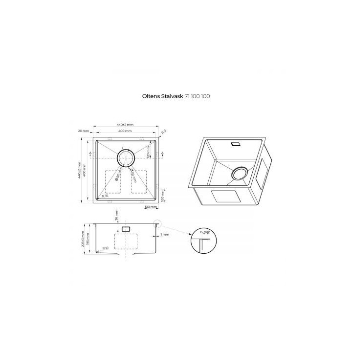 Oltens Stalvask zlew stalowy 1 komorowy 44x44 cm stal szlachetna polerowana