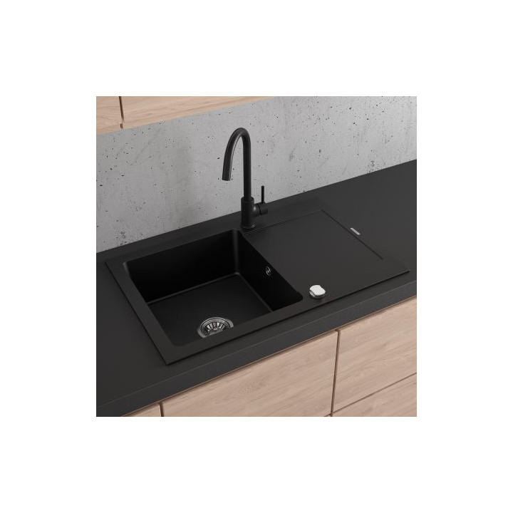 Oltens Gravan zlewozmywak granitowy 1 komorowy z krótkim ociekaczem 79x50cm - czarny