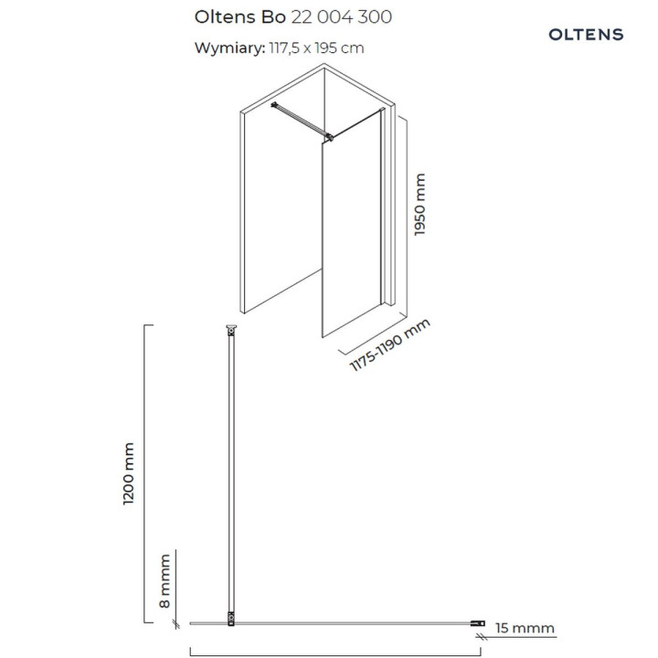 Oltens Bo ścianka prysznicowa Walk-In 120 cm profil czarny mat