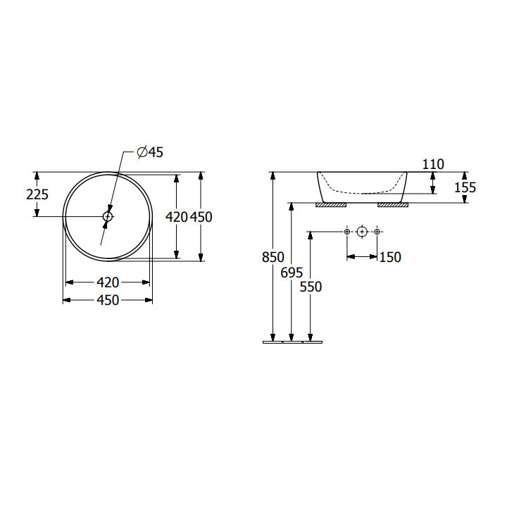 Architectura Umywalka stojąca na blacie, 450 x 450 x 155 mm, Weiss Alpin CeramicPlus, bez przelewu