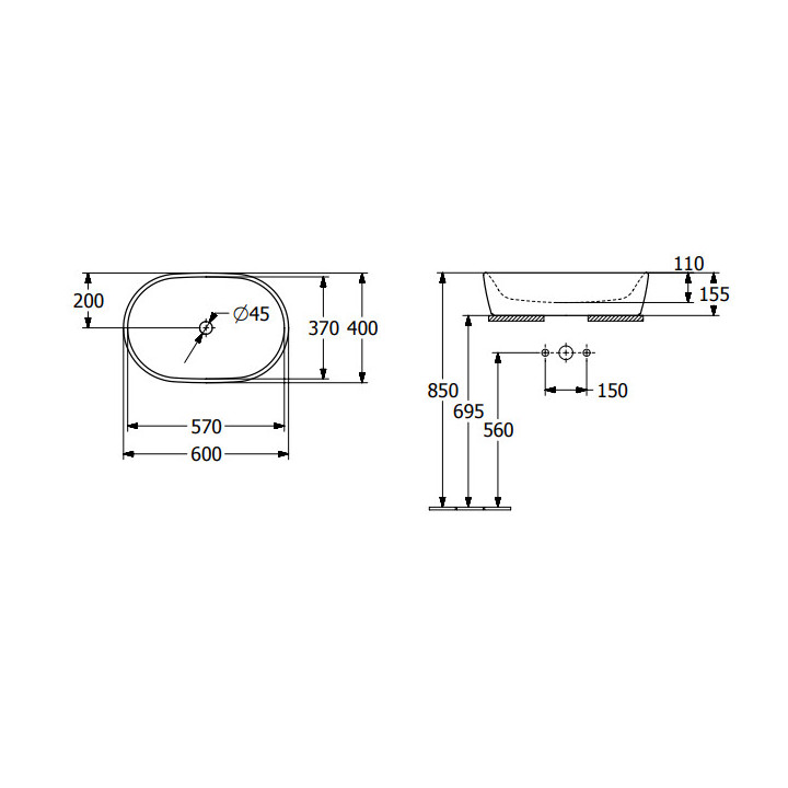 Architectura Umywalka stojąca na blacie, 600 x 400 x 155 mm, Weiss Alpin CeramicPlus, z przelewem