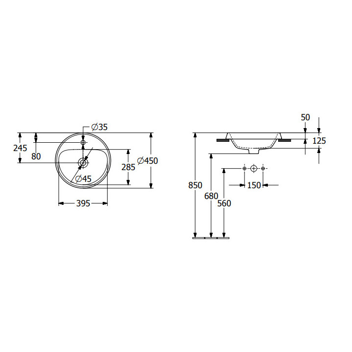 Architectura Umywalka wpuszczana w blat, 450 x 450 x 170 mm, Weiss Alpin CeramicPlus, bez przelewu, Nieszlifowany