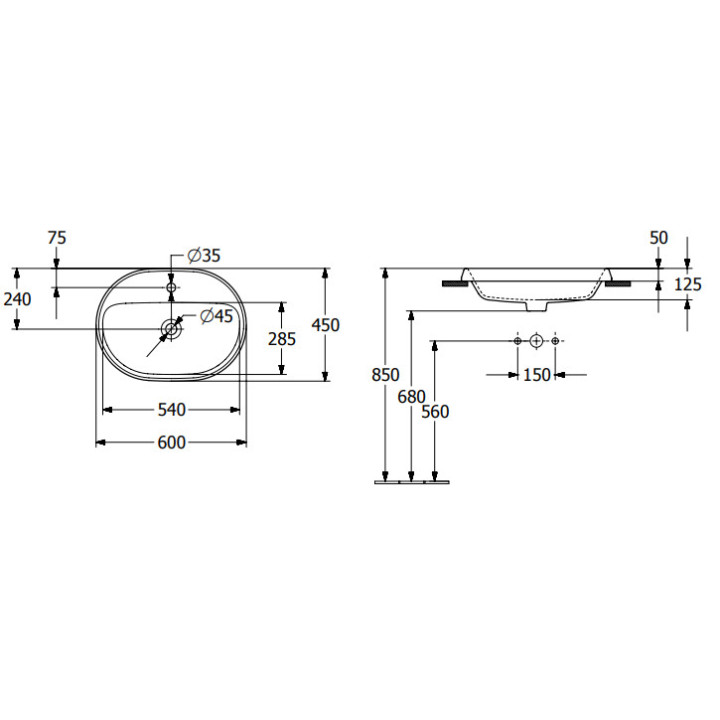 Architectura Umywalka wpuszczana w blat, 600 x 450 x 170 mm, Weiss Alpin, z przelewem, Nieszlifowany