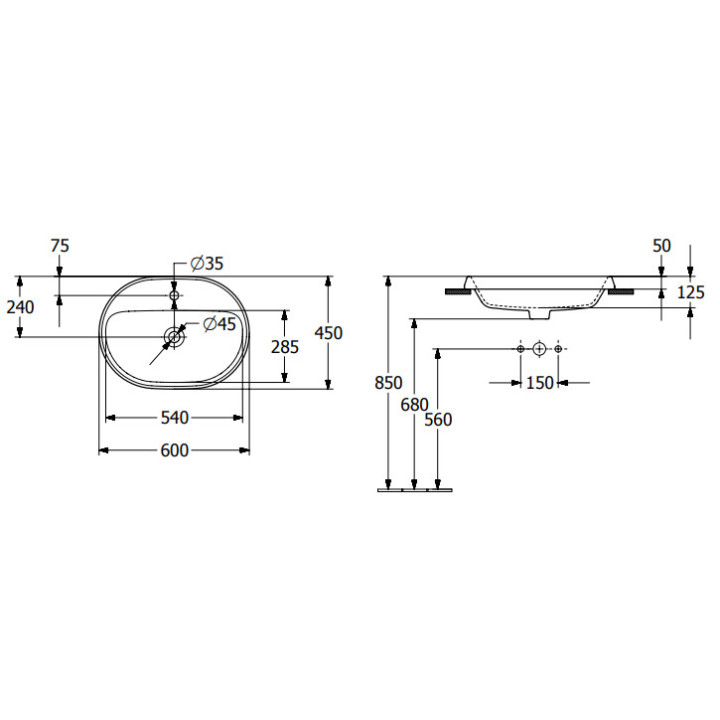 Architectura Umywalka wpuszczana w blat, 600 x 450 x 170 mm, Weiss Alpin, bez przelewu, Nieszlifowany