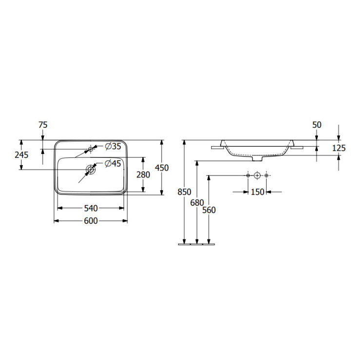 Architectura Umywalka wpuszczana w blat, 600 x 450 x 170 mm, Weiss Alpin, z przelewem, Nieszlifowany
