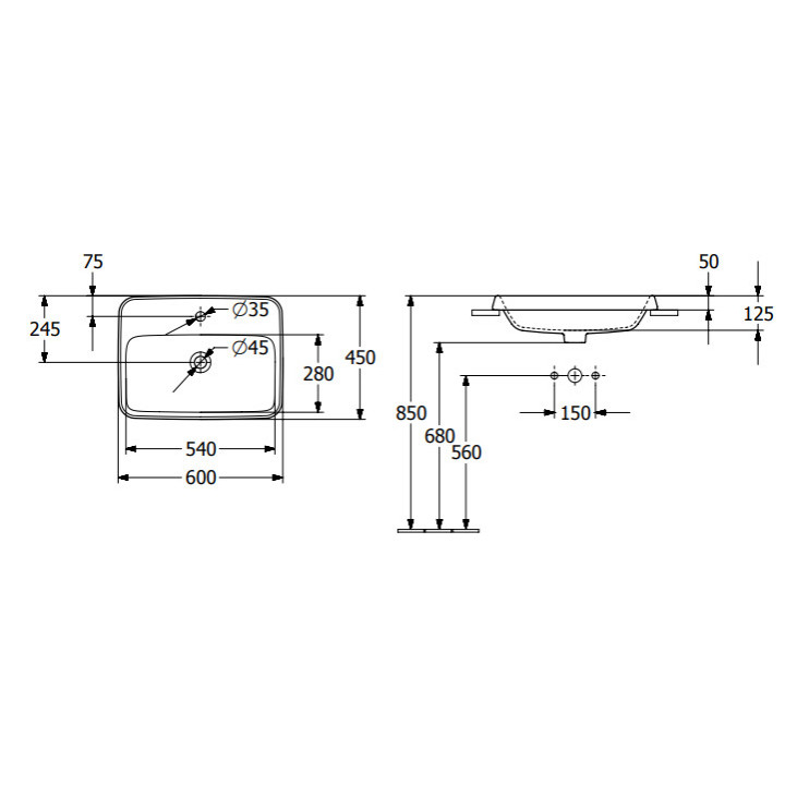 Architectura Umywalka wpuszczana w blat, 600 x 450 x 170 mm, Weiss Alpin, bez przelewu, Nieszlifowany