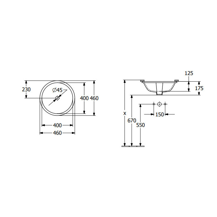 Architectura Umywalka podblatowa, 400 x 400 x 175 mm, Weiss Alpin, z przelewem