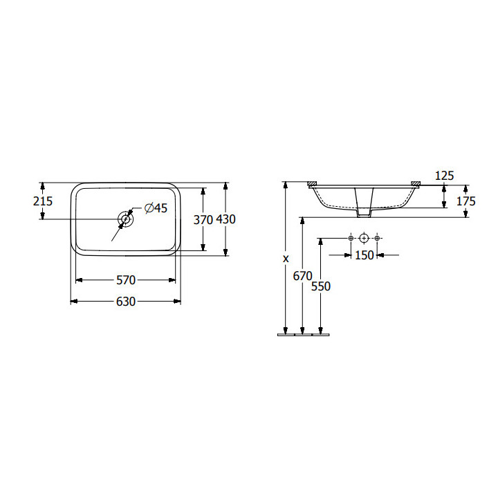 Architectura Umywalka podblatowa, 570 x 370 x 175 mm, Weiss Alpin CeramicPlus, z przelewem