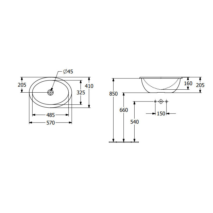 Loop & Friends Umywalka wpuszczana w blat, 570 x 410 x 215 mm, Weiss Alpin CeramicPlus, z przelewem, Nieszlifowany