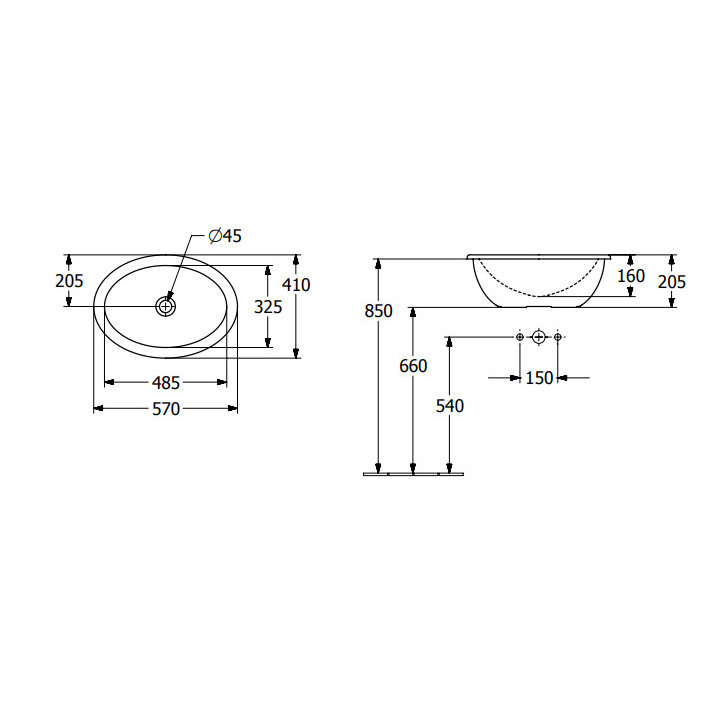 Loop & Friends Umywalka wpuszczana w blat, 570 x 410 x 215 mm, Weiss Alpin, bez przelewu, Nieszlifowany