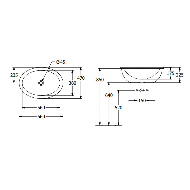 Loop & Friends Umywalka wpuszczana w blat, 660 x 470 x 220 mm, Weiss Alpin, z przelewem, Nieszlifowany