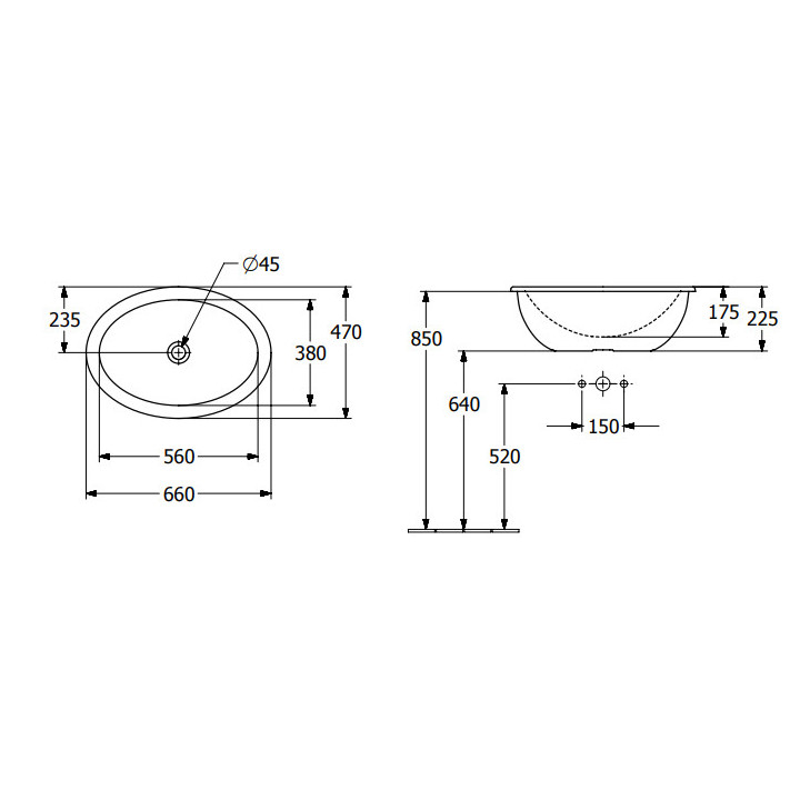 Loop & Friends Umywalka wpuszczana w blat, 660 x 470 x 220 mm, Weiss Alpin, bez przelewu, Nieszlifowany