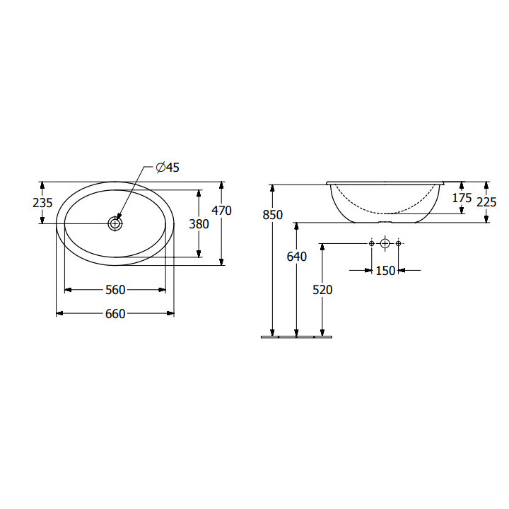 Loop & Friends Umywalka wpuszczana w blat, 660 x 470 x 220 mm, Weiss Alpin CeramicPlus, bez przelewu, Nieszlifowany