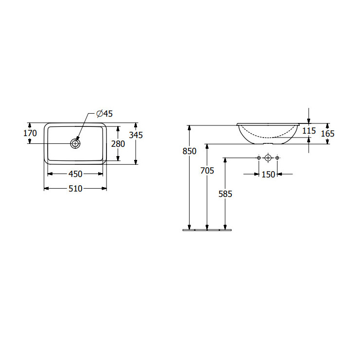 Loop & Friends Umywalka wpuszczana w blat, 510 x 340 x 185 mm, Weiss Alpin, bez przelewu, Nieszlifowany
