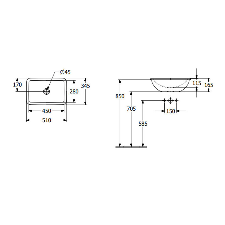 Loop & Friends Umywalka wpuszczana w blat, 510 x 340 x 185 mm, Weiss Alpin CeramicPlus, bez przelewu, Nieszlifowany