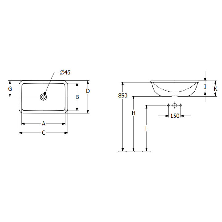Loop & Friends Umywalka wpuszczana w blat, 675 x 450 x 185 mm, Weiss Alpin, bez przelewu, Nieszlifowany