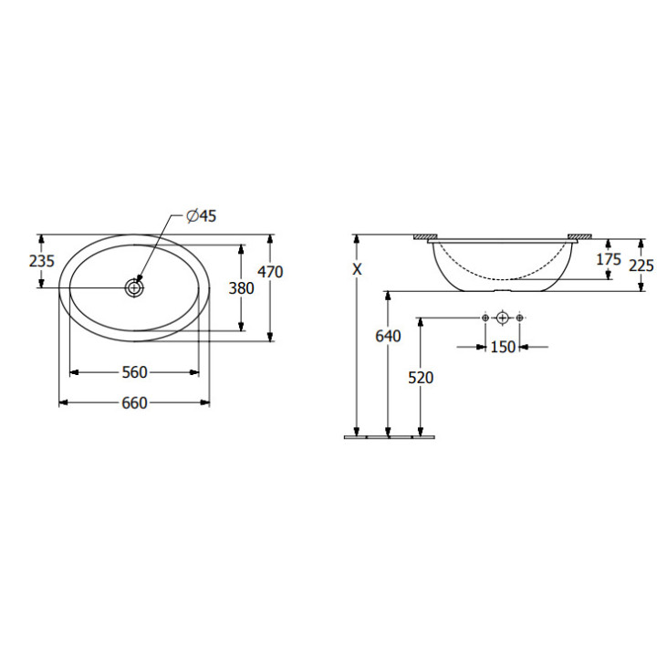 Loop & Friends Umywalka podblatowa, 560 x 380 x 220 mm, Weiss Alpin, z przelewem
