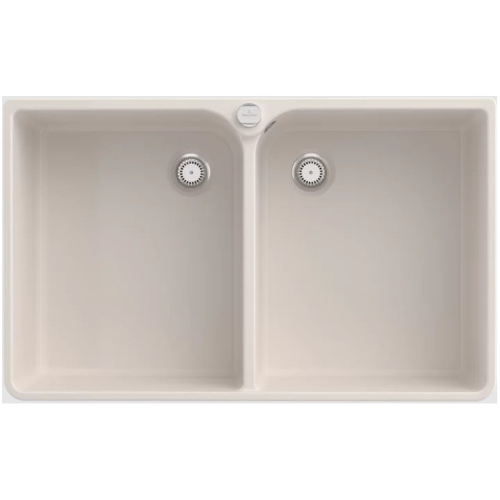 Zlew dwukomorowy 90 X Zlew dwukomorowy, włącznie Zestaw odpływowy z korkiem automatycznym, z Ceramika, 900 x 550 mm, Crema Ceram