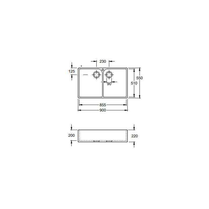 Zlew dwukomorowy 90 X Zlew dwukomorowy, włącznie Zestaw odpływowy z korkiem automatycznym, z Ceramika, 900 x 550 mm, Crema Ceram