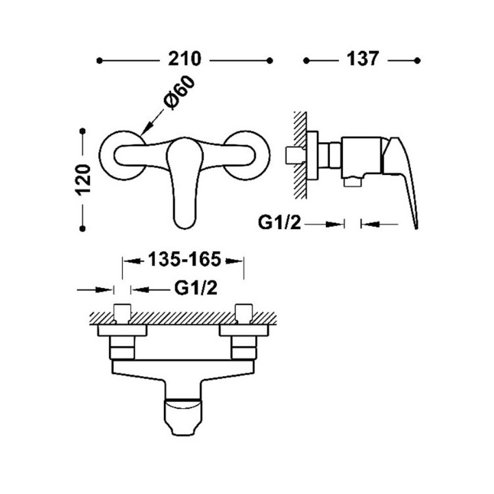 Bateria jednouchwytowa ścienna prysznicowa TRES BASE PLUS - Chrom 