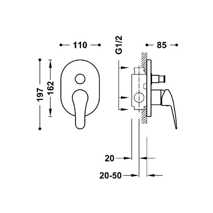 Bateria jednouchwytowa podtynkowa 2-drożna prysznicowa TRES BASE PLUS - Chrom