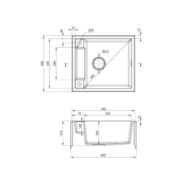 Zlewozmywak granitowy Deante Andante, 60x52cm, wpuszczany, grafit metalik