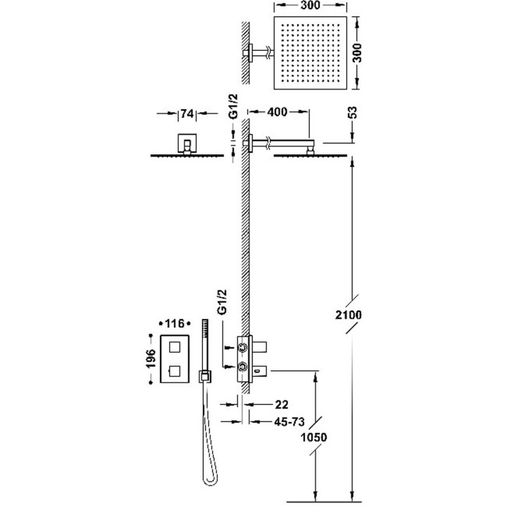 Zestaw baterii termostatycznej podtynkowej 2-drożnej Therm-box prysznicowej, TRES CUADRO - Czerń Matowa