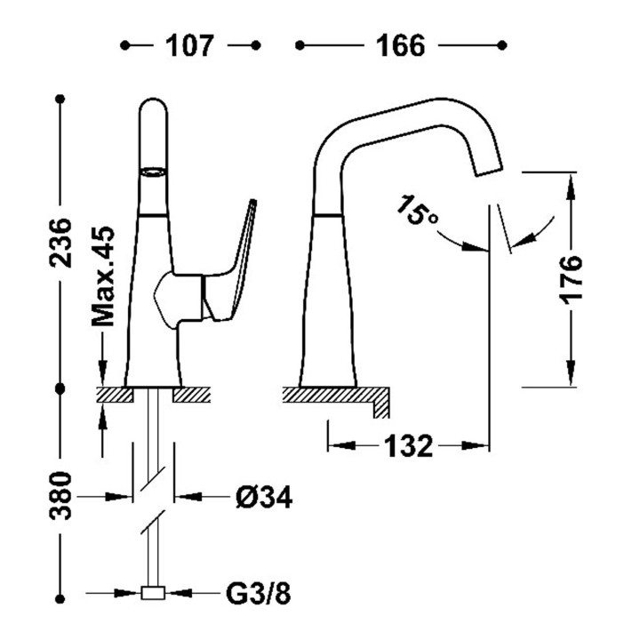 Bateria jednouchwytowa umywalkowa z boczną dźwignią, TRES FUJI - Chrom 