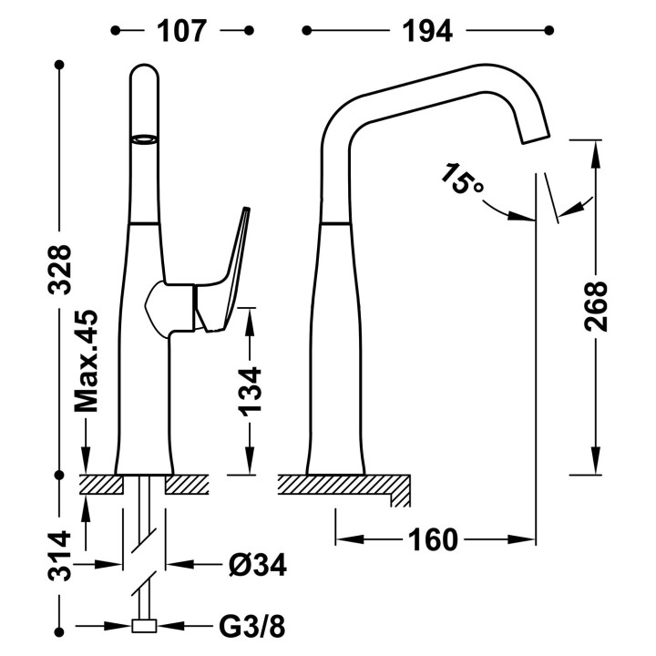 Wysoka bateria jednouchwytowa umywalkowa z boczną dźwignią, TRES FUJI - Chrom
