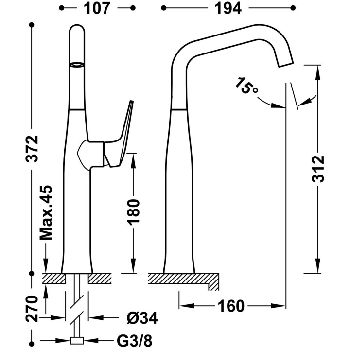 Bateria jednouchwytowa XXL umywalkowa z boczną dźwignią, TRES FUJI - Chrom