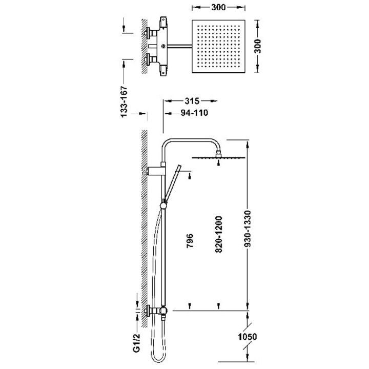 Zestaw baterii termostatycznej naściennej 2-drożnej prysznicowej, TRES FUJI - Chrom 