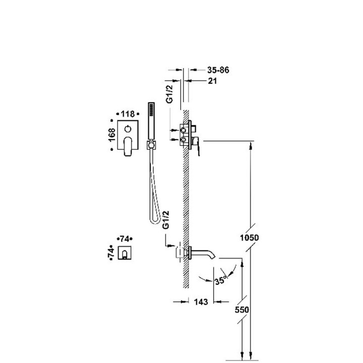 Zestaw baterii jednouchwytowej podtynkowej 2-drożnej Rapid-box wannowa i prysznicowa, TRES PROJECT-TRES - 24-K Matowe różowe zło