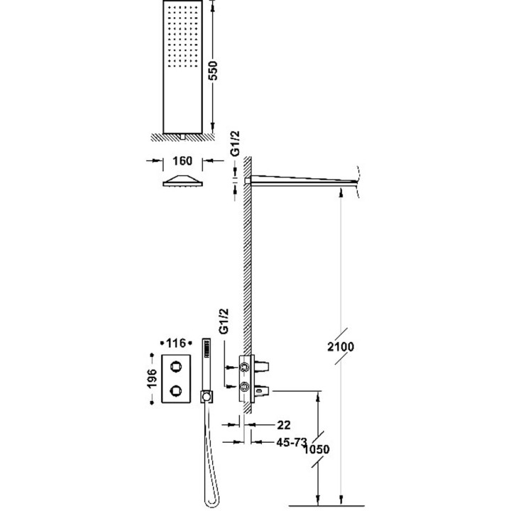 Zestaw baterii termostatycznej podtynkowej 2-drożnej Therm-box prysznicowej, TRES PROJECT-TRES - Stal
