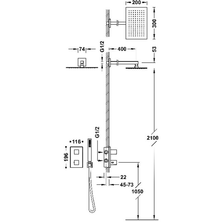 Zestaw baterii termostatycznej podtynkowej 2-drożnej prysznicowej, TRES THERM-BOX - 24-K Złoto Matowe