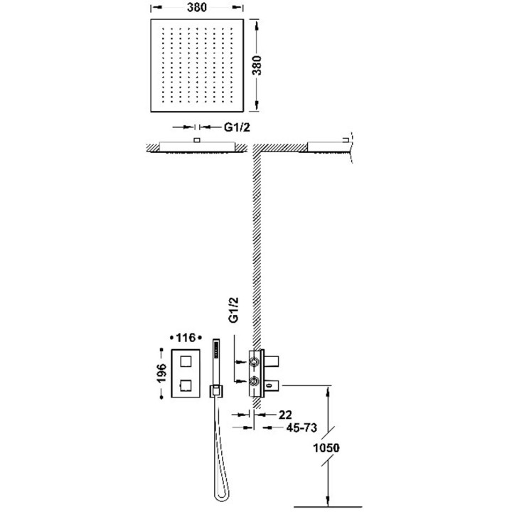 Zestaw baterii termostatycznej podtynkowej 2-drożnej prysznicowej, TRES THERM-BOX - 24-K Złoto